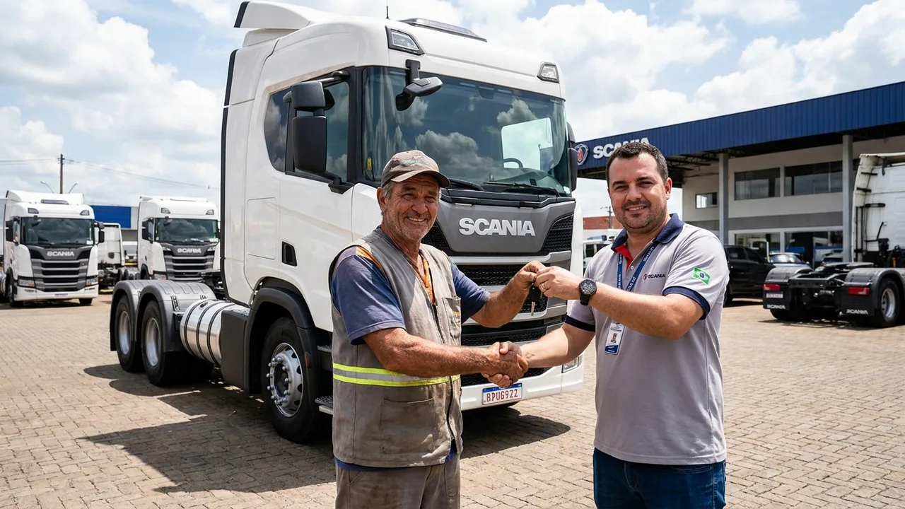 Caminhão toco 4x2 em pátio de concessionária, comprador brasileiro avaliando o veículo