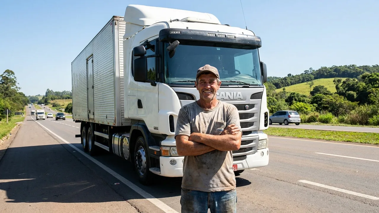 Caminhão toco 4x2 estacionado em área de carga, motorista autônomo brasileiro ao lado do veículo conquistado por consórcio