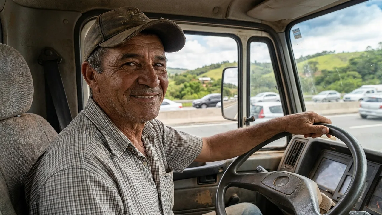 Motorista brasileiro sorrindo na cabine do caminhão toco recém-adquirido