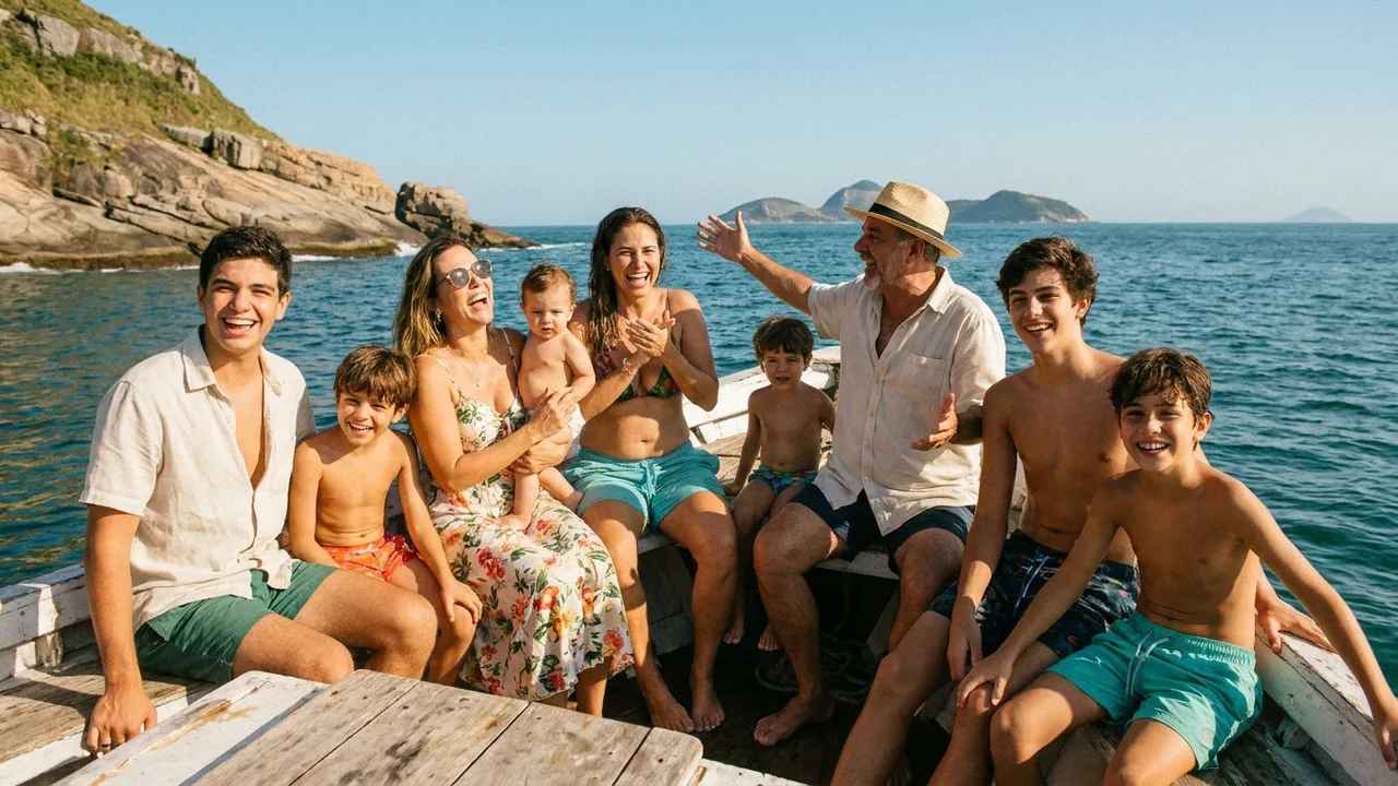 Grupo de amigos em lancha aberta durante passeio de verão