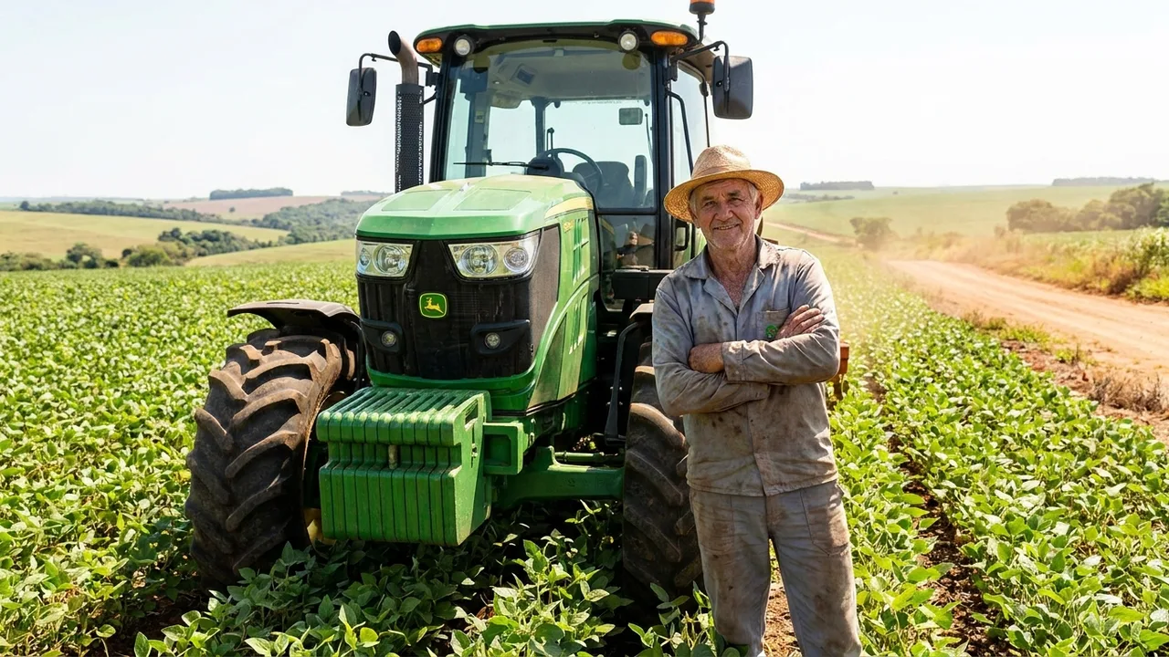 Produtor rural brasileiro ao lado do trator conquistado por consórcio sem juros da Kobe