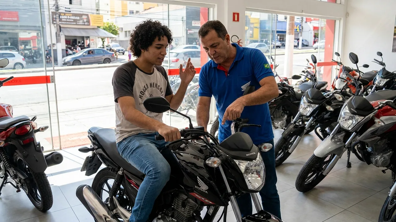 Consultor explicando as etapas do consórcio de moto nova para um cliente da Kobe