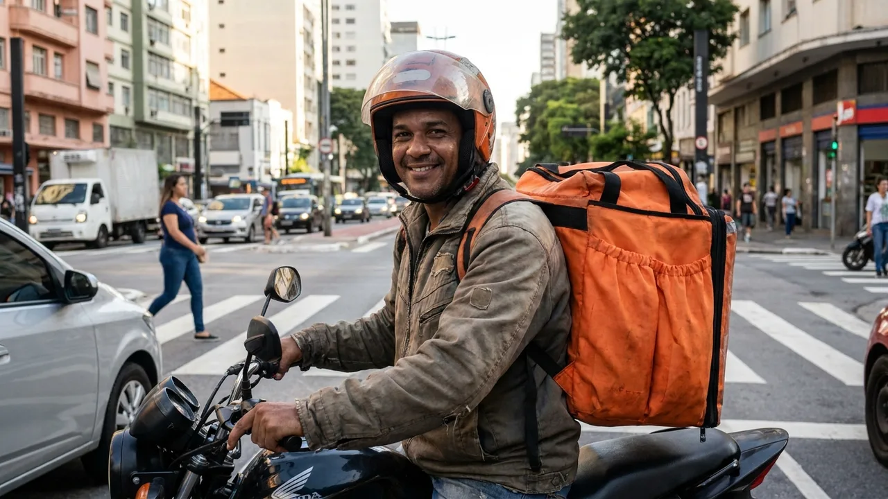 Motociclista feliz ao lado da moto 0km conquistada por consórcio sem juros