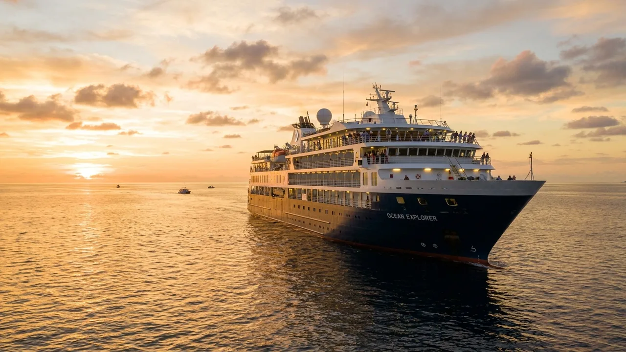 Navio de cruzeiro ao pôr do sol, viagem planejada sem juros