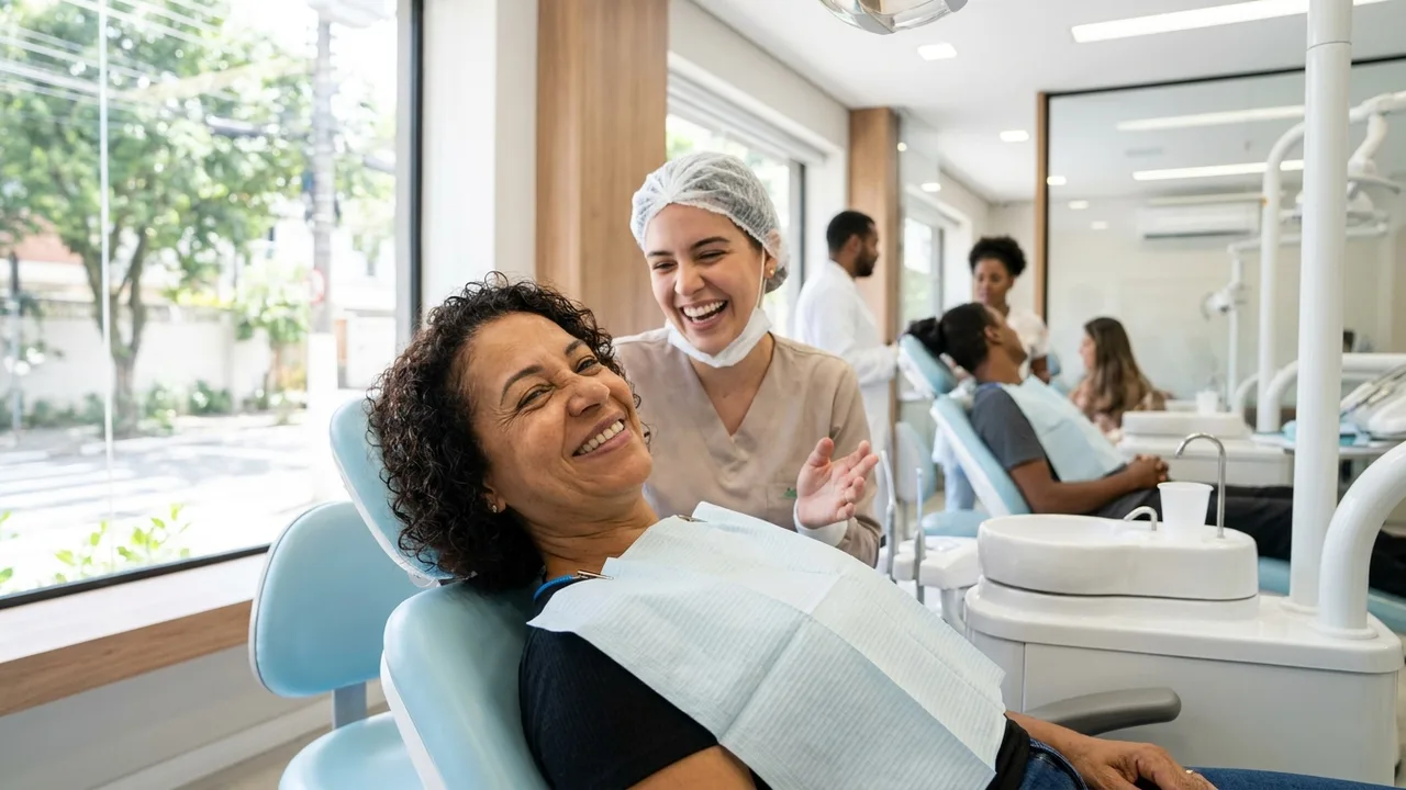 Paciente brasileira sorrindo em clínica odontológica moderna