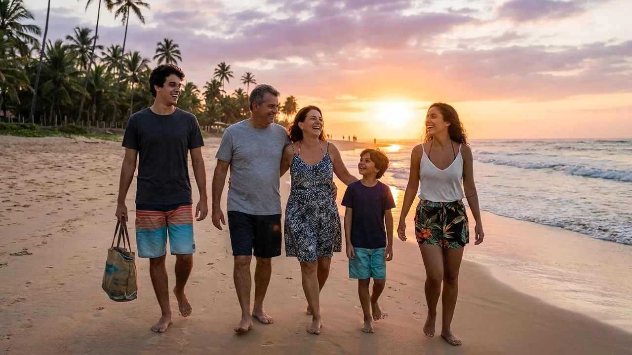Família brasileira aproveitando as férias na praia ao pôr do sol