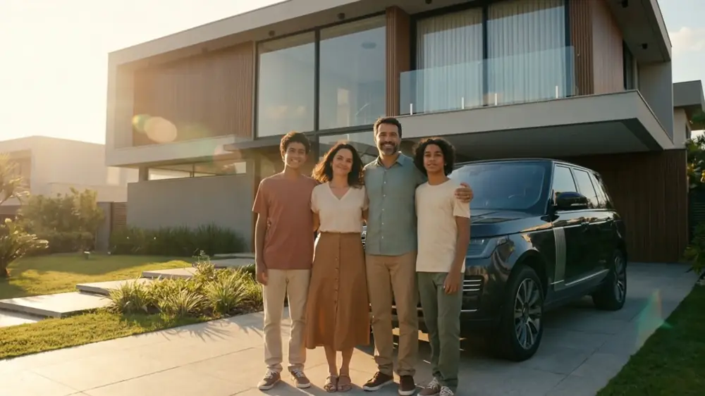 Família brasileira em frente à casa conquistada — vídeo da Kobe Consórcios
